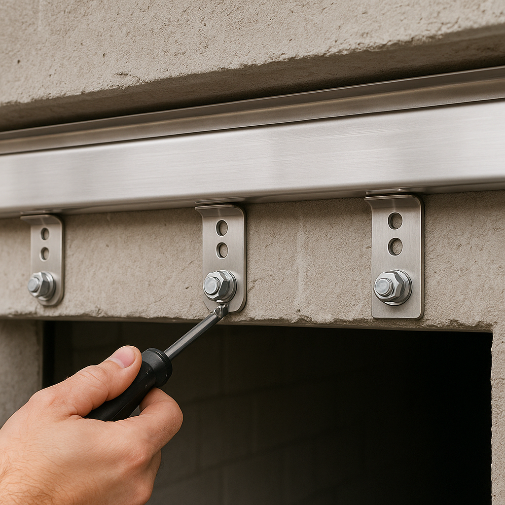 Close-up of stainless steel mounting hardware for PVC strip curtains.